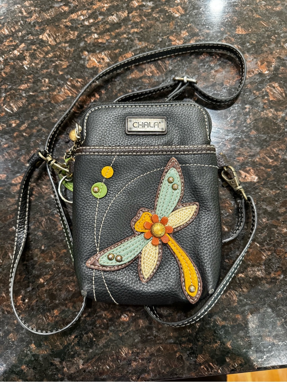 Chala Black Crossbody Bag with Colorful Dragonfly Applique